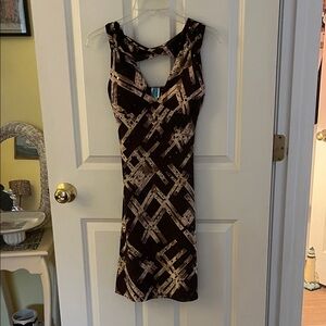 NWT! Touch Express Flared Geometric Brown and Cream Backless Dress